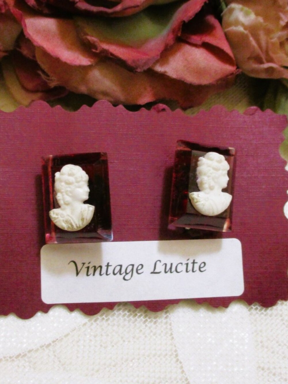 VINTAGE Candy Apple Red Lucite Cameo Earrings: 1940s Art Deco Style Screw Backs